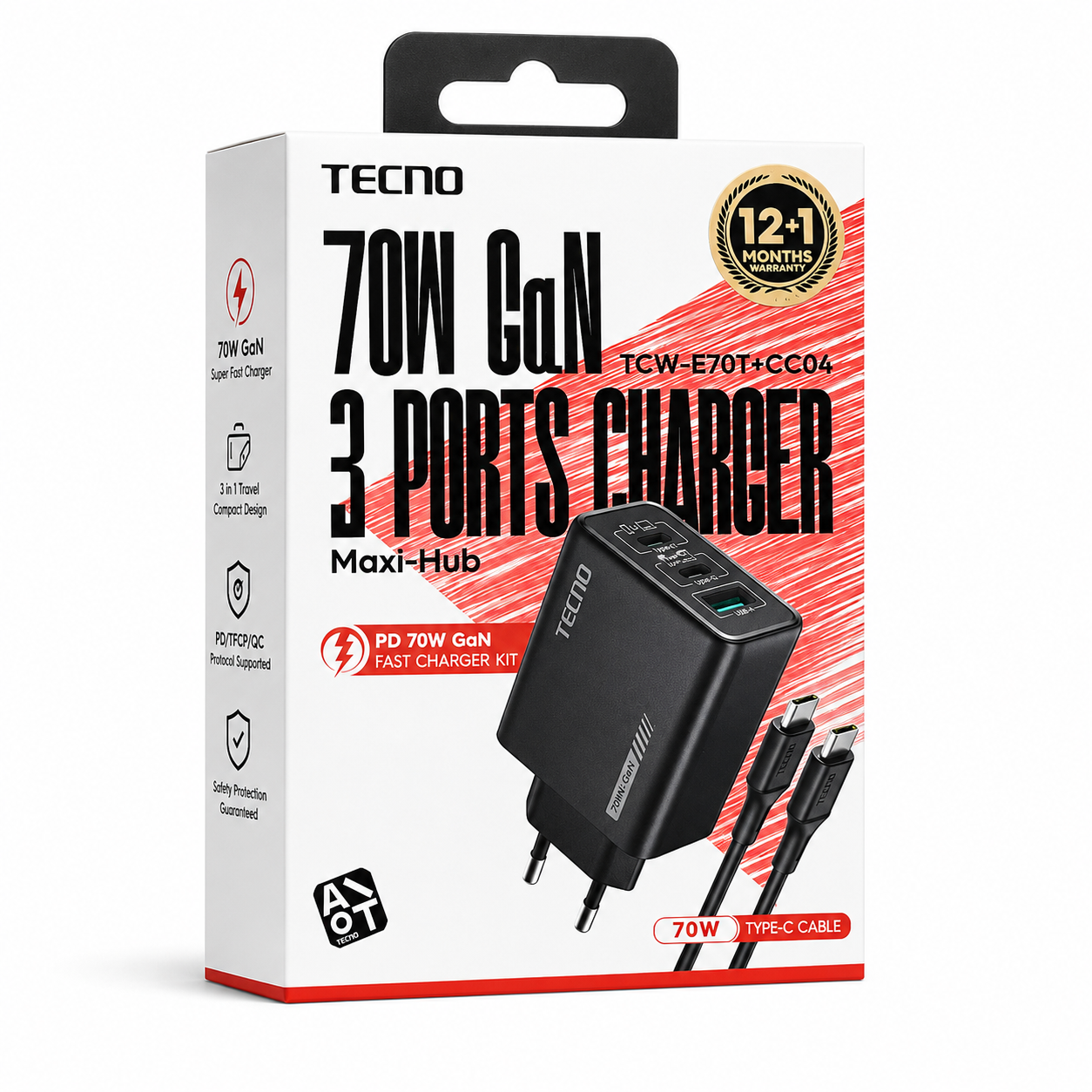 Chargeur TECNO Maxi-Hub PD 70W GaN + Câble USB-C 100W | Livraison Gabon | Kadmarket